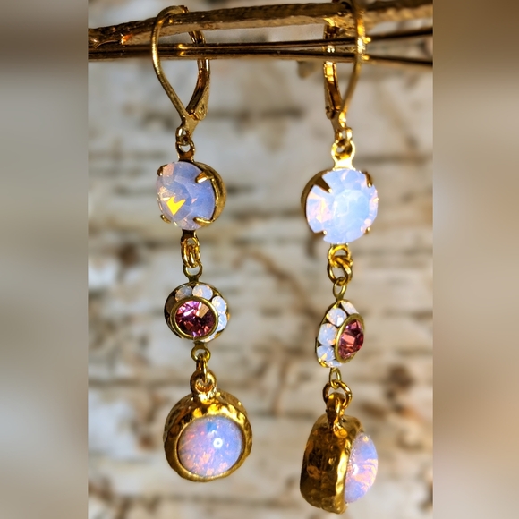 Pink Mystic Fire Opal & Swarovski Rose Opal W/ Crystal Flower Dangle Earrings - Picture 4 of 7